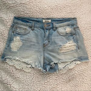 Lace Pocket Distressed Jean Shorts